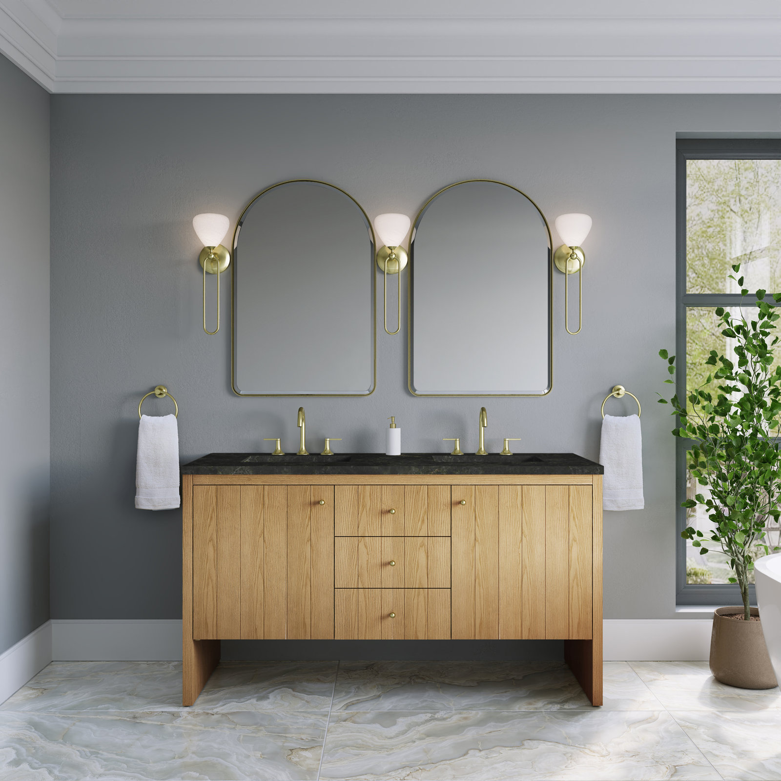 Hudson 60'' Double Bathroom Vanity, Light Natural Oak, Phantome Eclos, 8" Widespread