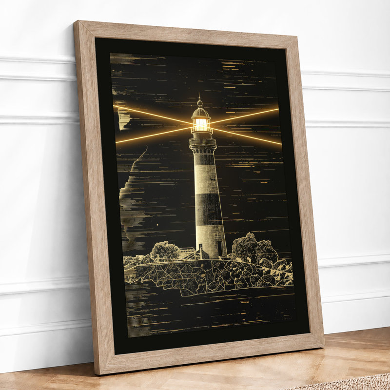 Lighthouse in Darkness Coastal - Framed Print, Oak, A3 - 42.0 x 29.7 cm