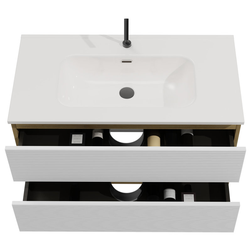 Meuble-lavabo de 36 po - mélange de blanc neige et de chêne naturel, lavabo en céramique avec trop-plein, rangement généreux, conception contemporaine de style contemporain avec passe-partout silencieux, coulisses silencieuses à fermeture en douceur