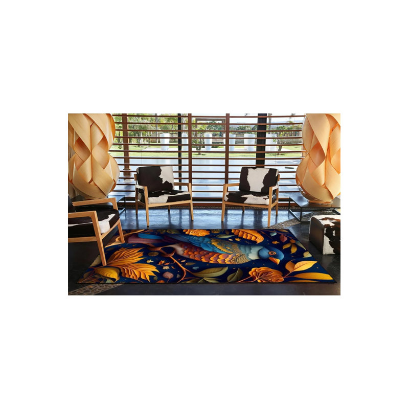 Colorful Bird Flying Animal Patterned Woven Floor Carpet, Round 4'