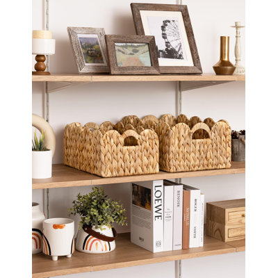 Handwoven Water Hyacinth Storage Baskets With Scalloped Edges, Built-In Handles - Set Of 2