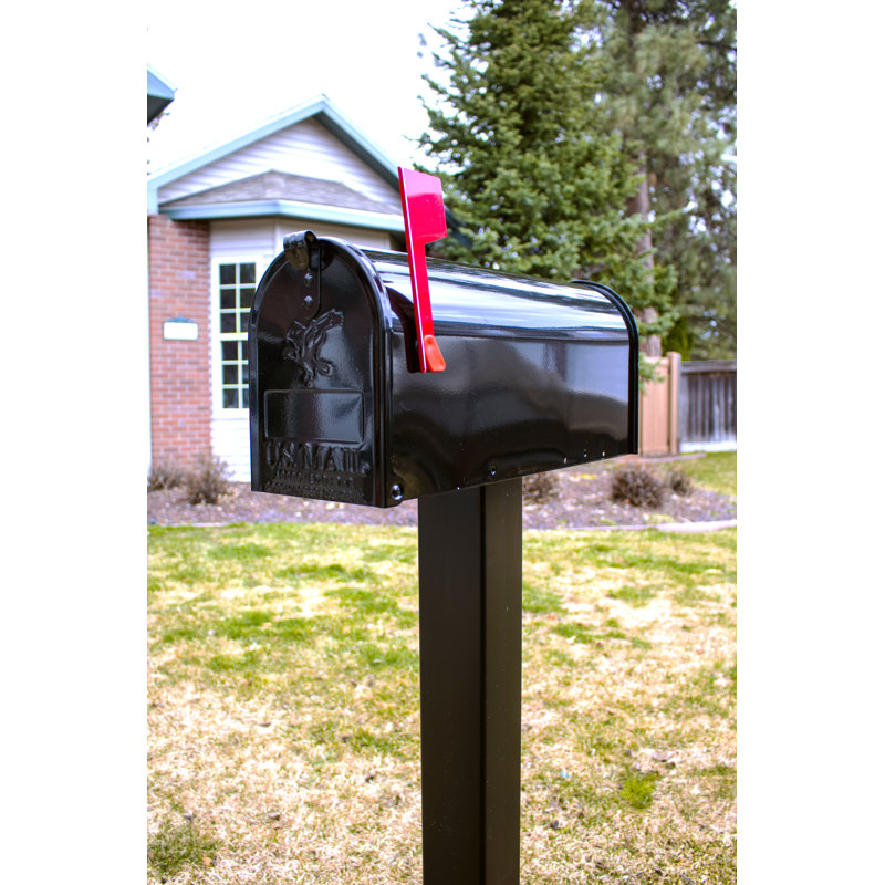 Gibraltar Black Steel Post Mounted Mailbox with Red Flag