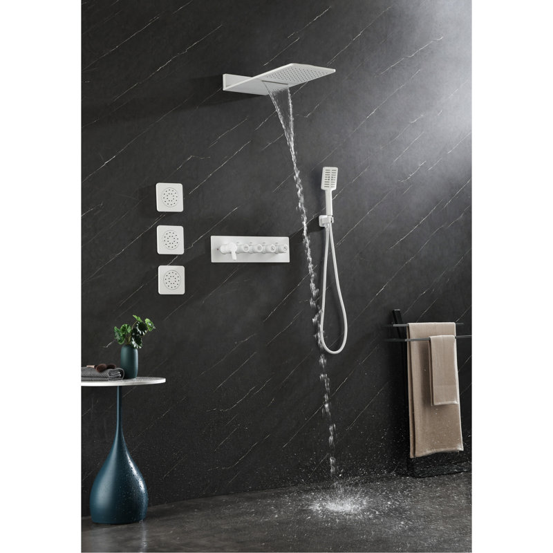 Douche murale blanche en laiton blanc - 3 jets pour le corps et douche à main avec chute de pluie et sensation de pluie