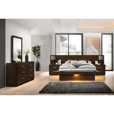 Ensemble de chambre avec lit plateforme 5 pièces et 2 tables de chevet Cappuccino