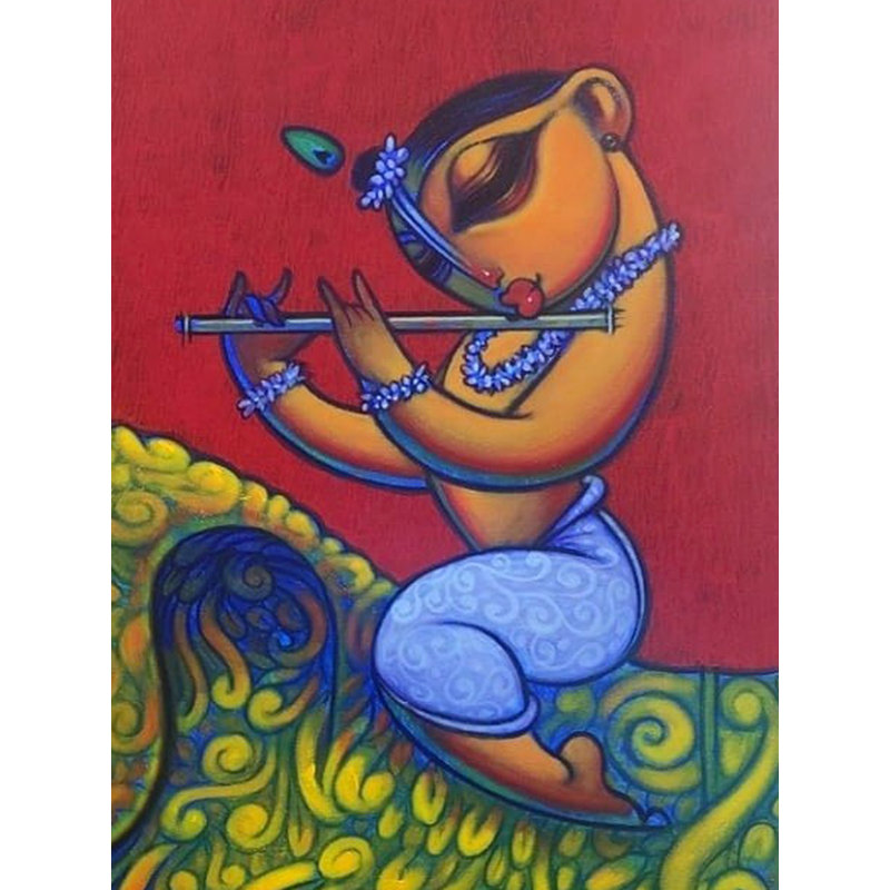 Bal Krishna avec éléphant | Acrylique sur toile | Par Ramesh Gujar