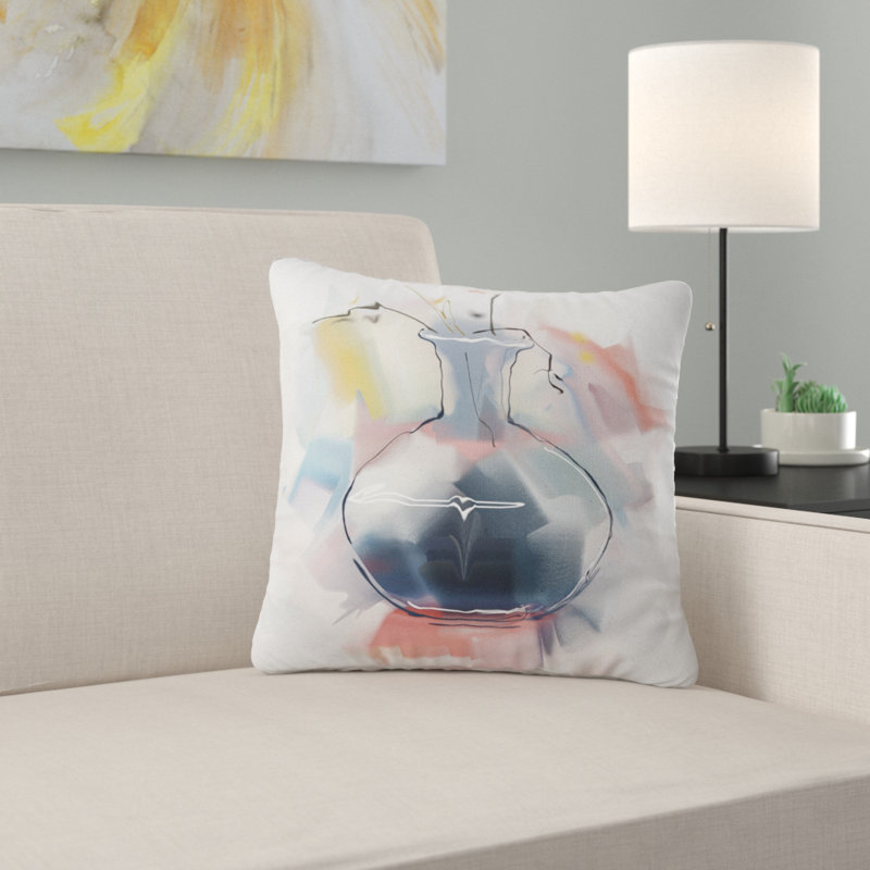 Fleurs abstraites dans un vase - coussin à imprimé floral, 16 po x 1 po, Coussin décoratif