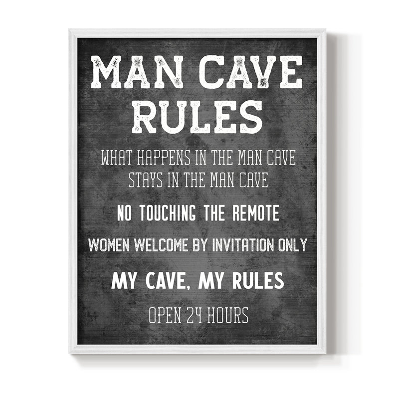 Man Cave Rules Framed Print - Solid Wood, 11" H x 9" W, White