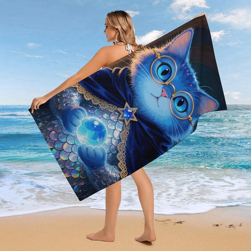 Quick Dry Microfiber Blue Glitter Cat Beach Towel, 50 x 60 in