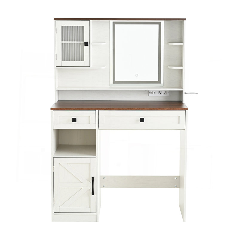 Bureau de coiffeuse avec miroir et lumières, ensemble de coiffeuse avec station de charge et tabouret, tiroirs, tablettes et armoire latérale Farmhouse