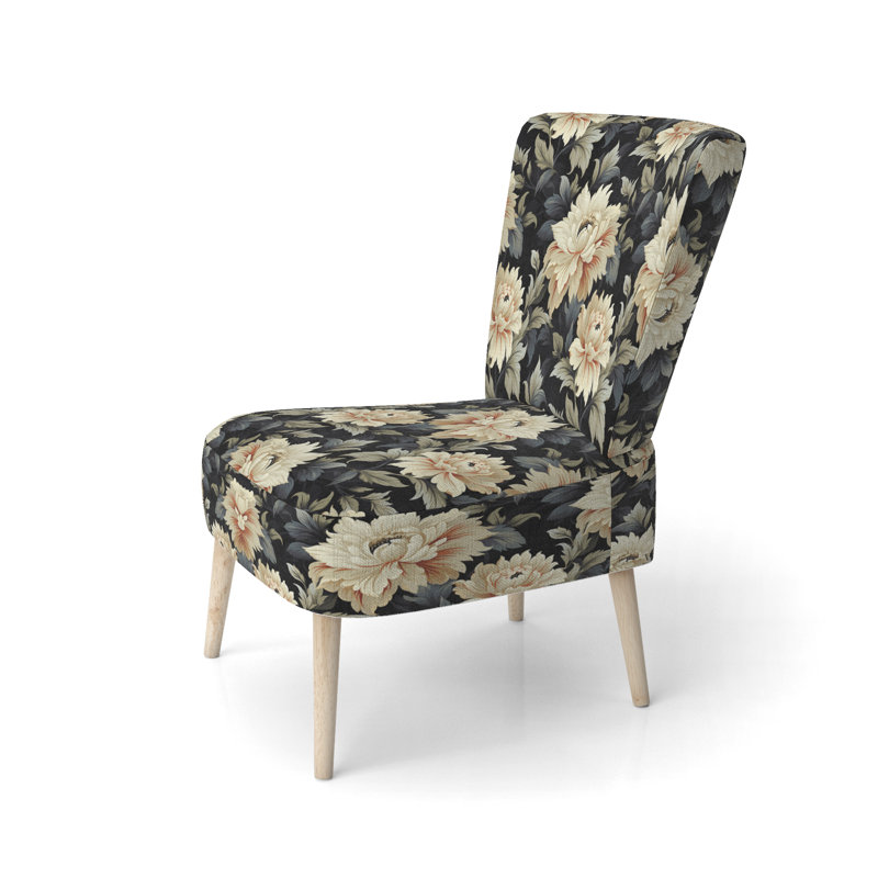 Luxueuse chaise d'appoint rembourrée bohème et éclectique à motif de fleurs noires et beiges luxueuses