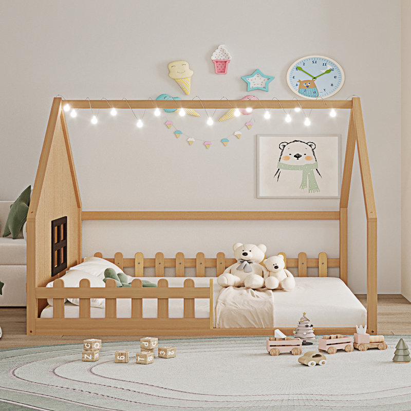 Lit en bois avec fenêtre et clôture, Naturel