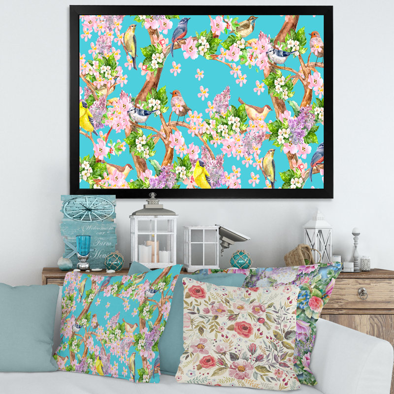 «Little Birds Sitting on Spring Flow», peinture sur toile encadrée, H 30 po x l 40 po x 1,5 po, Cadre noir