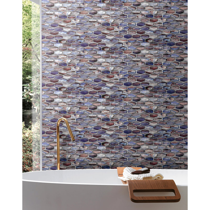 Iridescent 1 1/4" x 2" Long Hexagon Glass Mosaic Tile, Dusk