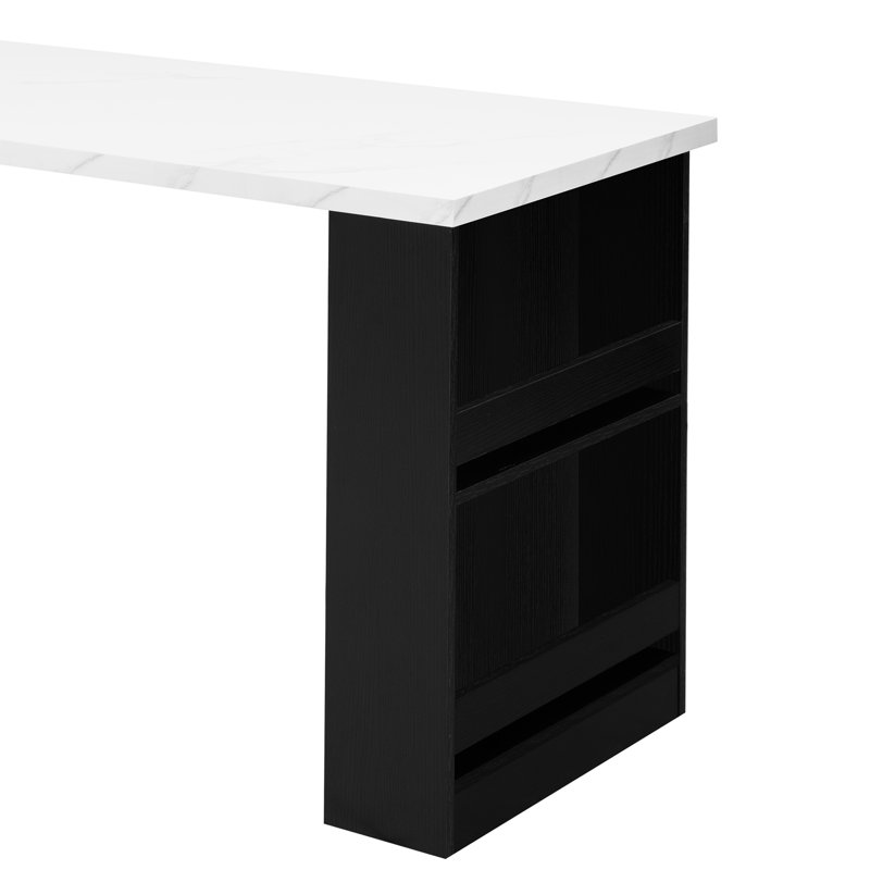 Modern Black Kitchen Island With Extendable Dining, Faux Marble Countertop, Ample Storage, 2 Lockable Wheels, Power Supply 82.7 Inch Table, Marble, Storage Space, 1 Type-C Port, Ac Outlets,