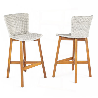 Lymington Outdoor Bar Stool, Teak Finished Wood With Light Grey Wicker, Set Of 2