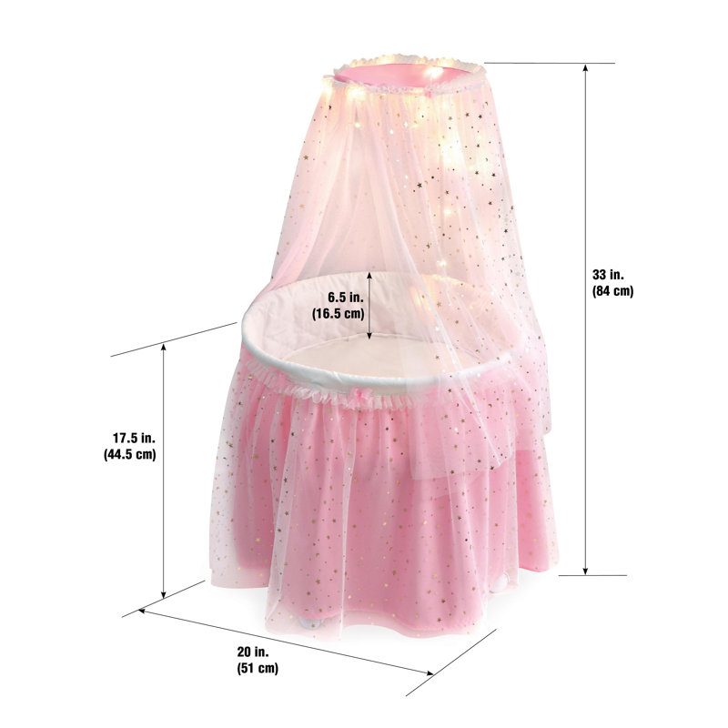 Pink and White Doll Bassinet with Canopy and LED Lights