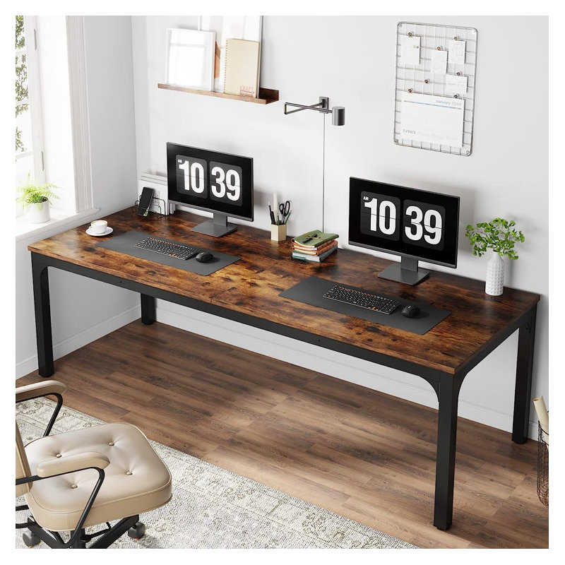 200cm W Metal Base Computer Desk, Brown, Black