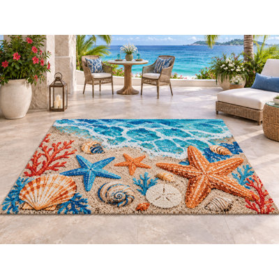 5' x 7' Outdoor Area Rug Starfish Seashell Beach Heavyweight Solid Waterproof PVC Coil Loop Carpet, Heavy Duty Patio Rug, Quick Dry Indoor Outdoor Mat for Entryway