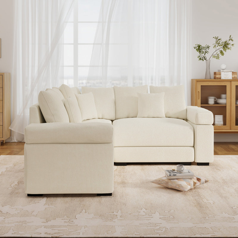 79" L-Shaped Corduroy Upholstered Sectional, Beige Corduroy