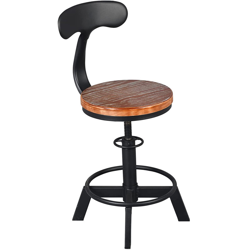 Ensemble de 2 tabourets de bar avec dossier, tabouret de comptoir de cuisine rustique industriel de 17 à 24 po à hauteur réglable, métal noir et bois brun
