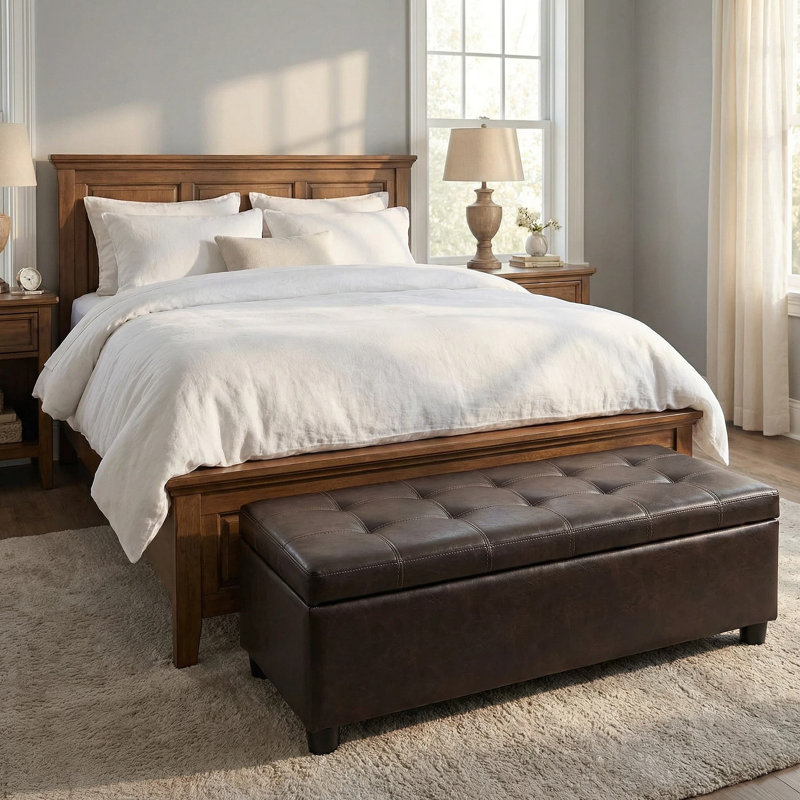 Repose-pieds avec rangement, banc de rangement, banc de chambre capitonné pour le vestibule, charnières faciles à utiliser, pieds en bois, cuir synthétique