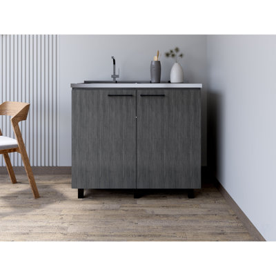 Versatile Utility Sink Cabinet with Two Doors and Shelves, Smokey Oak Finish for Kitchen and Home Organization