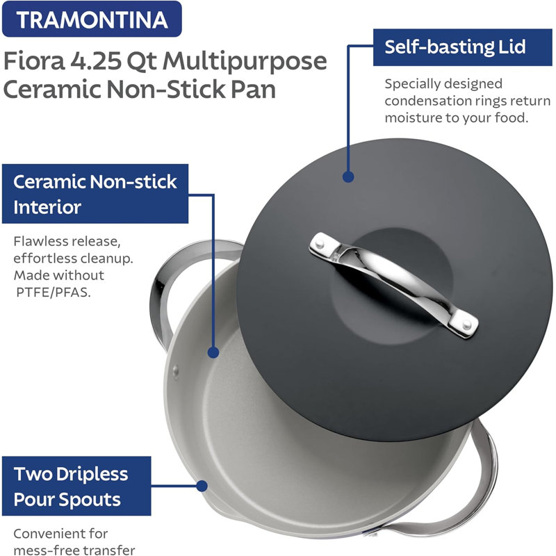 Casserole multifonctionnelle antiadhésive en aluminium et céramique de 4,25 pintes avec couvercle de Quadontina Fiora, Gris