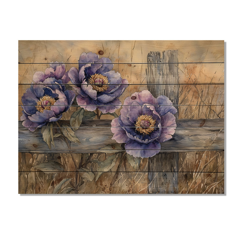 Pivoines mauves par la clôture - décoration murale en bois de pivoines - sur bois de pin naturel, H 34 po x l 44 po