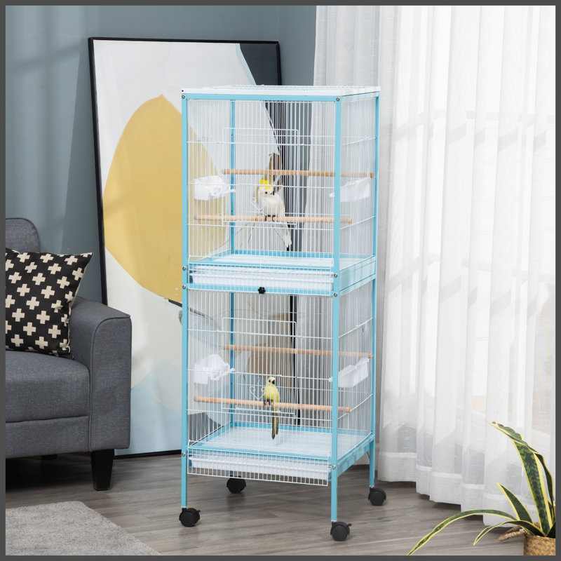 Grande cage à oiseaux PawHut d'une largeur de 1,7 pi pour envergure, volière d'oiseaux d'intérieur avec conception à portes multiples, convient pour un canari, pinson, conure, 55 po, bleu clair