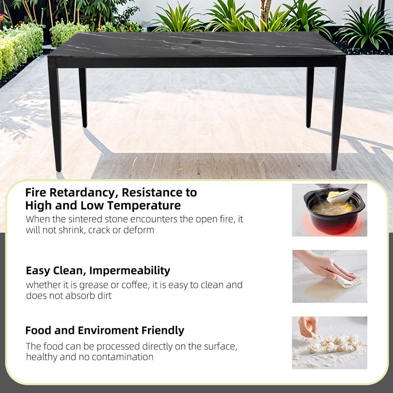 35.5"x71" Modern Outdoor Patio Dining Table, Aluminum Frame With Greek Marble-inspired Sintered Stone Top, Ember Black Finish, Post Tapered Legs, Seats Six, Weatherproof & Rust-resistant