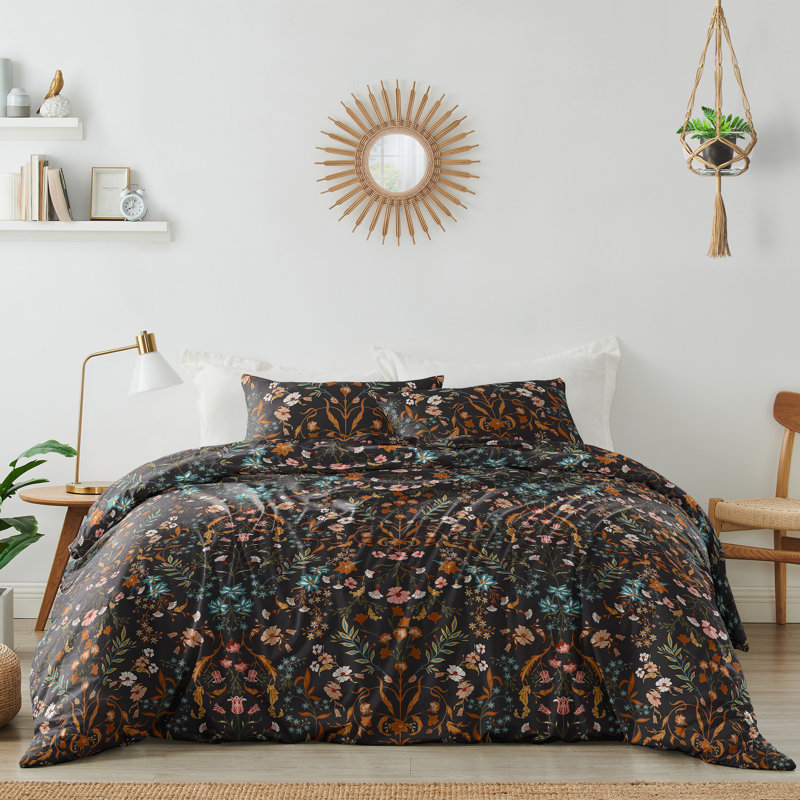 Boho Floral Wildflower Black And Orange Polyester Twill Floral Duvet Cover, King Duvet Cover + 2 King Shams