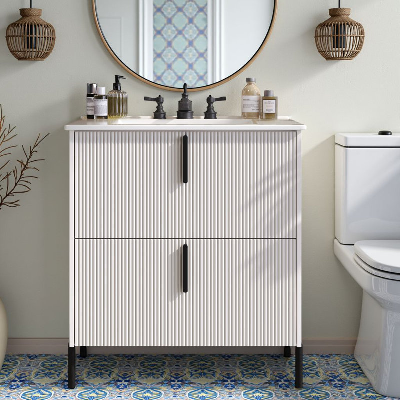 30" Freestanding Bathroom Vanity With Ceramic Sink & 2 Soft-Close Drawers, White
