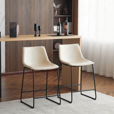 (Ensemble de 2) Tabouret de comptoir industriel en similicuir sans accoudoirs de style rétro de 24 pouces avec pieds et repose-pieds en métal pour îlot de cuisine, café, pub, comptoir de bar, crème et noir