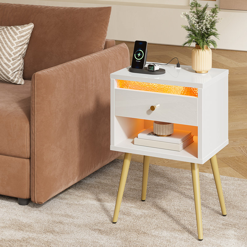 Nightstand Set Of 2, Bedside Table With 1 Storage Drawer Charging Station And Led Open Shelf, White