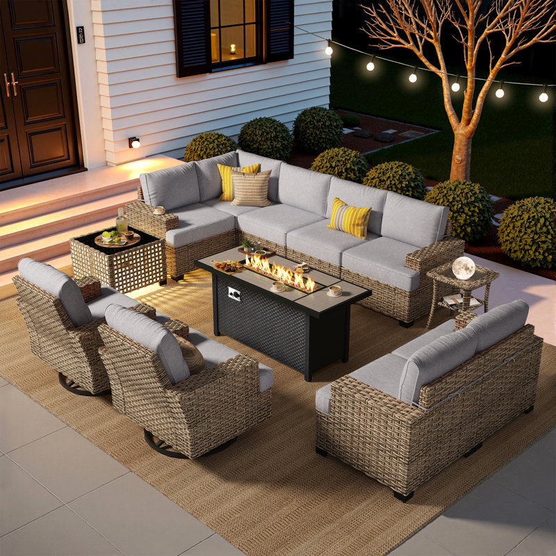 Tommy Wicker 9-person Modular Outdoor Sectional Seating Group With Swivel Chairs And Cushions, Patio Conversation Set With Fire Pit Table