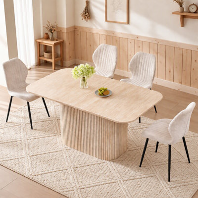 Ensemble de salle à manger 5 pièces, table beige de 160 cm avec 4 chaises en cuir bouclé beige, ensemble de meubles rectangulaires en bois de style campagnard et moderne