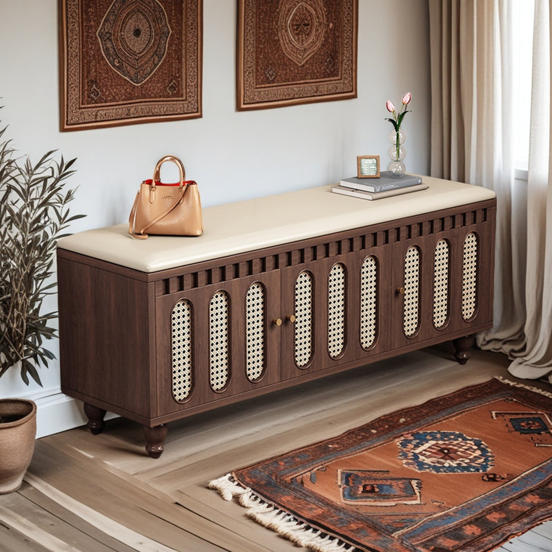 Banc de rangement pour chaussures en bois massif avec coussin de siège, Brun