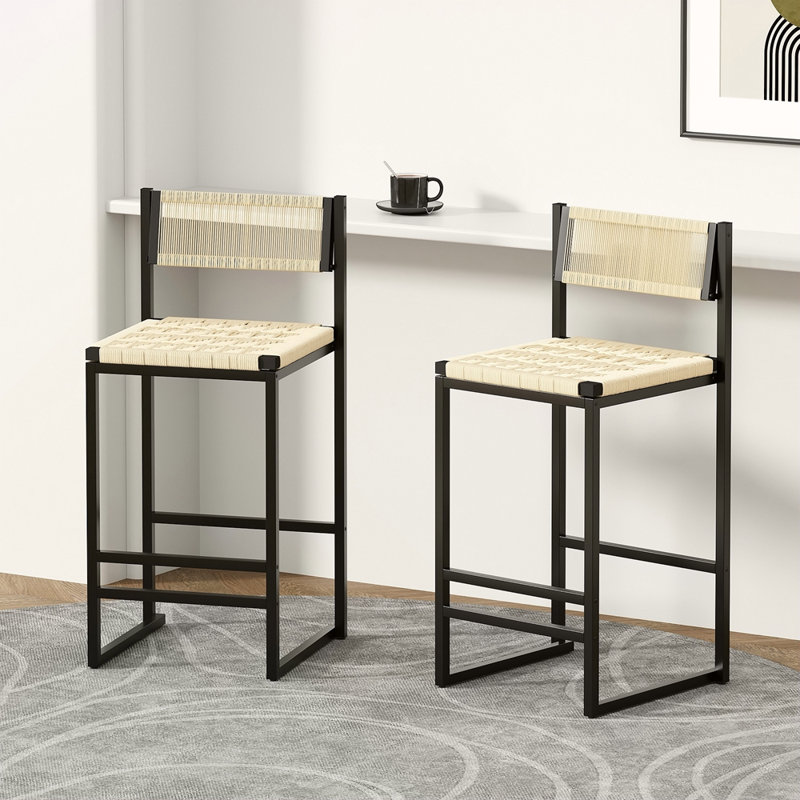 Ensemble de 2 tabourets de bar tissés avec dossier en corde de papier tissé pour îlot de cuisine (style B), Crème, crème