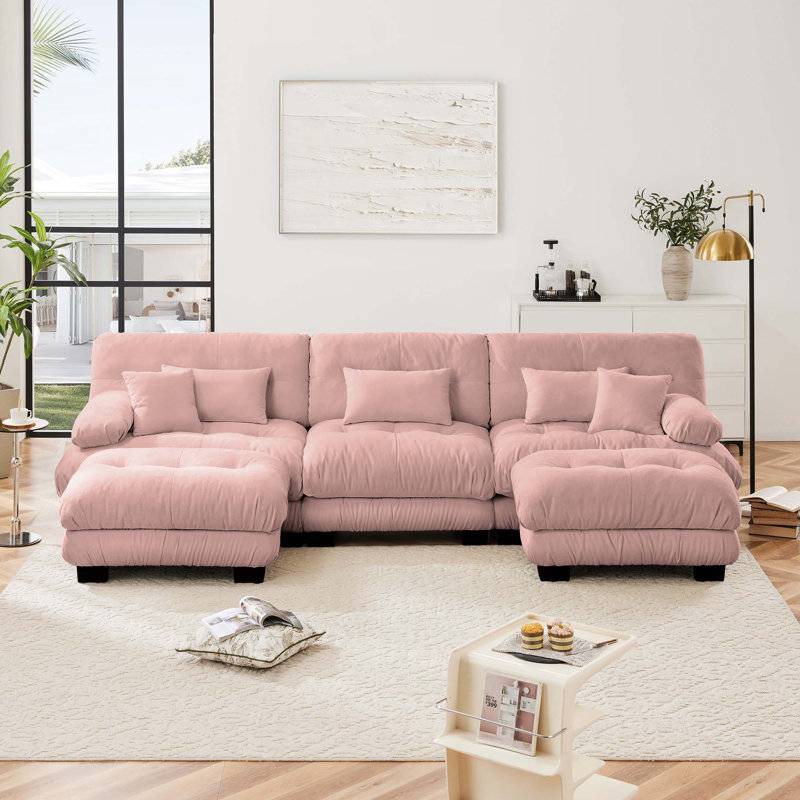 Canapé 3 places à assise profonde en forme de U avec 2 repose-pieds, Chenille rose