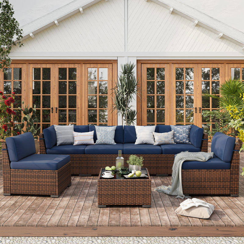 6 Person Rattan Sectional Seating Group With Cushions, Blue, No