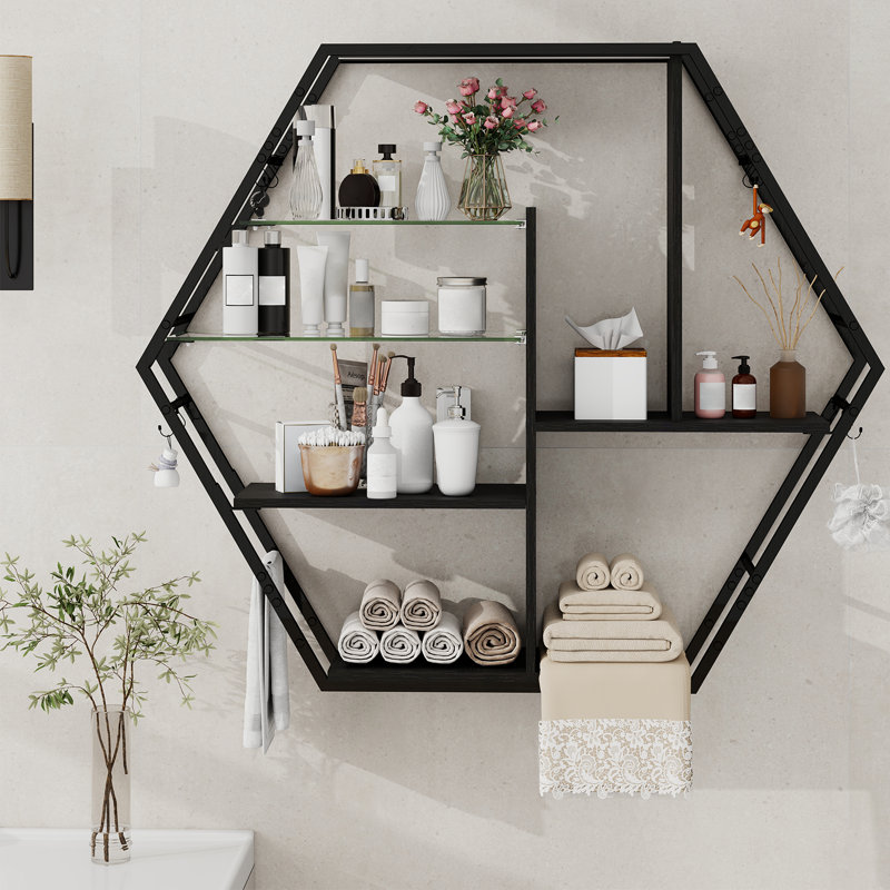 Demiterus 87cm H x 100cm W Iron Floating Bookcase, Wall Mounted Storage Rack, Display Cabinet
