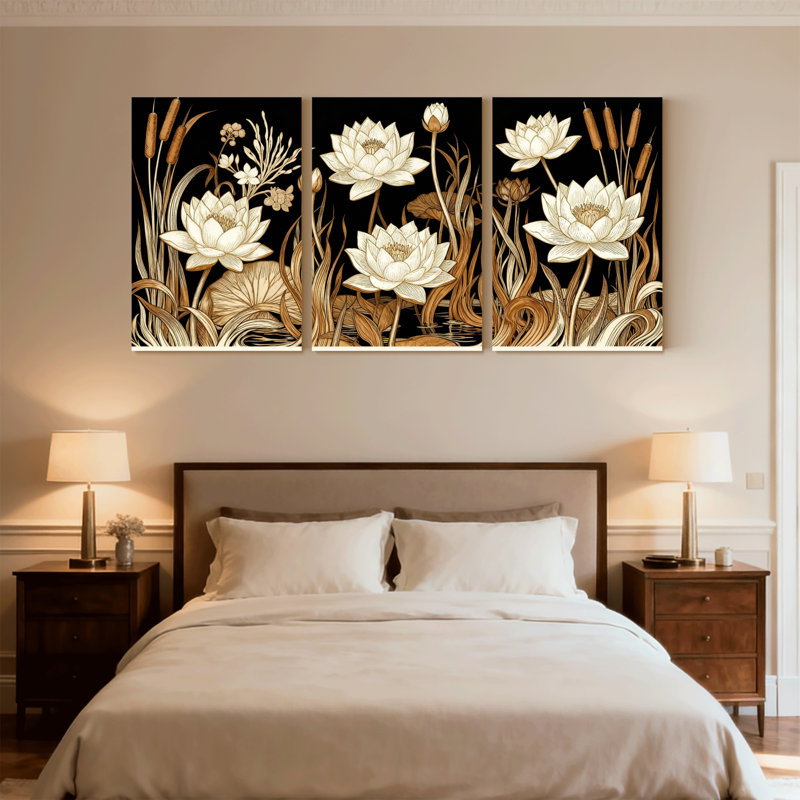 Ensemble de 3 impressions sur toile de fleurs de lotus blanches sur fond noir, H 30 po x l 60 po