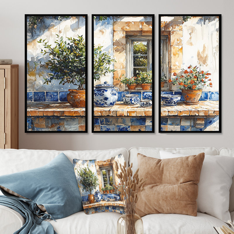 «Blue and Green Kitchen Greek Kitchen», ensemble d'art mural, Toile avec cadre flottant noir, H 40 po x l 60 po x P 1 po