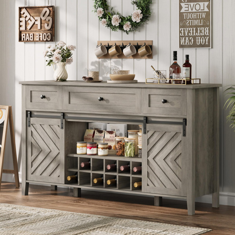 59" Sideboard Buffet Cabinet with Barn Door, 3 Drawers, Adjustable Shelf & Removable Wine Rack, Gray