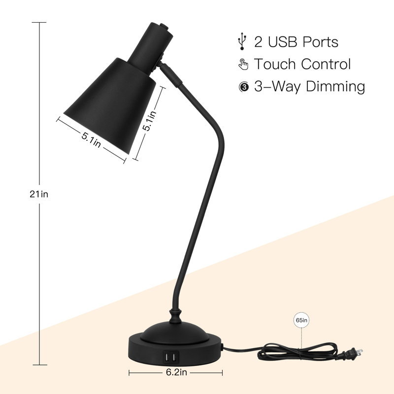 Dimmable Table Lamp With Usb And Touch Control, Black