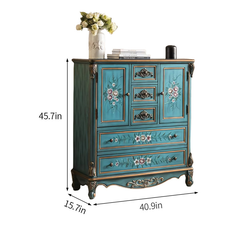 Vintage Solid Wood Hand Painted Accent Cabinet