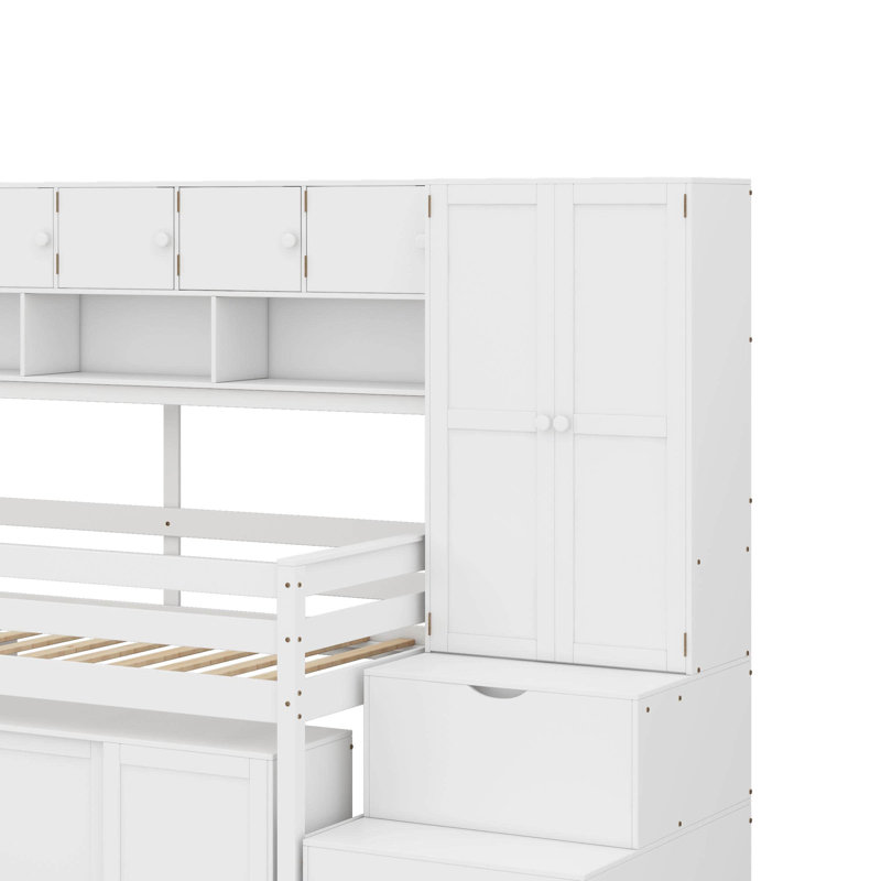 Lit mezzanine simple en bois avec tiroirs et tablettes, Gris