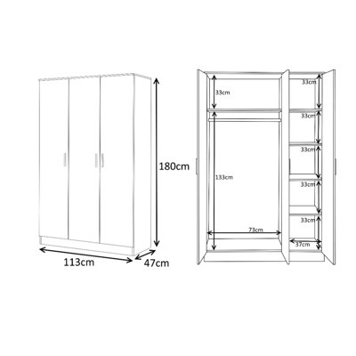Eva High Gloss Plain 3 Door Wardrobe - H: 180cm x D: 47cm x W: 113cm