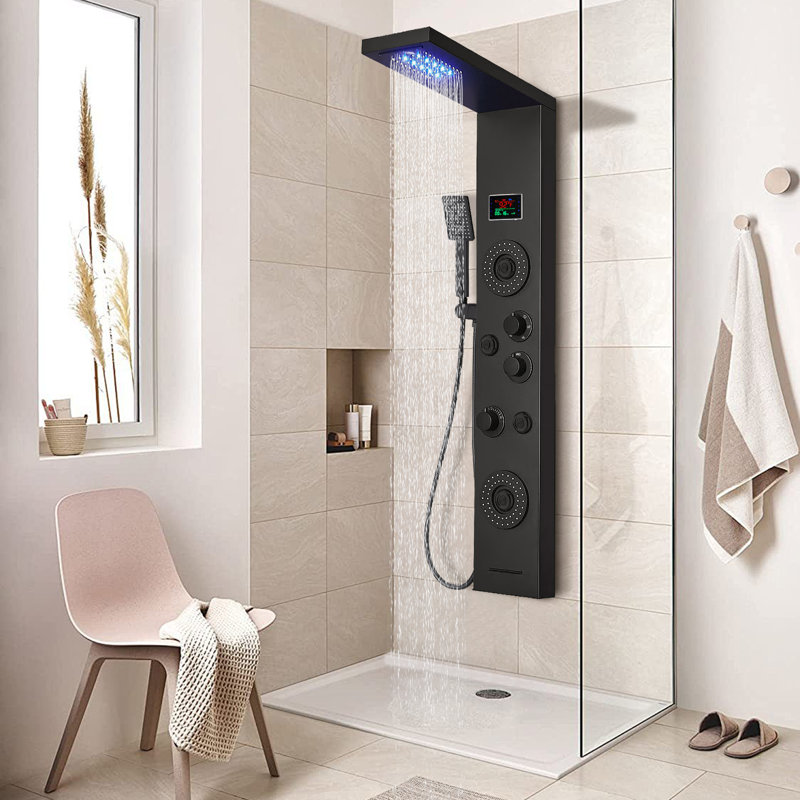 Système de panneau de douche à pluie avec pomme de douche à pluie et baguette de douche à pluie, Noir mat