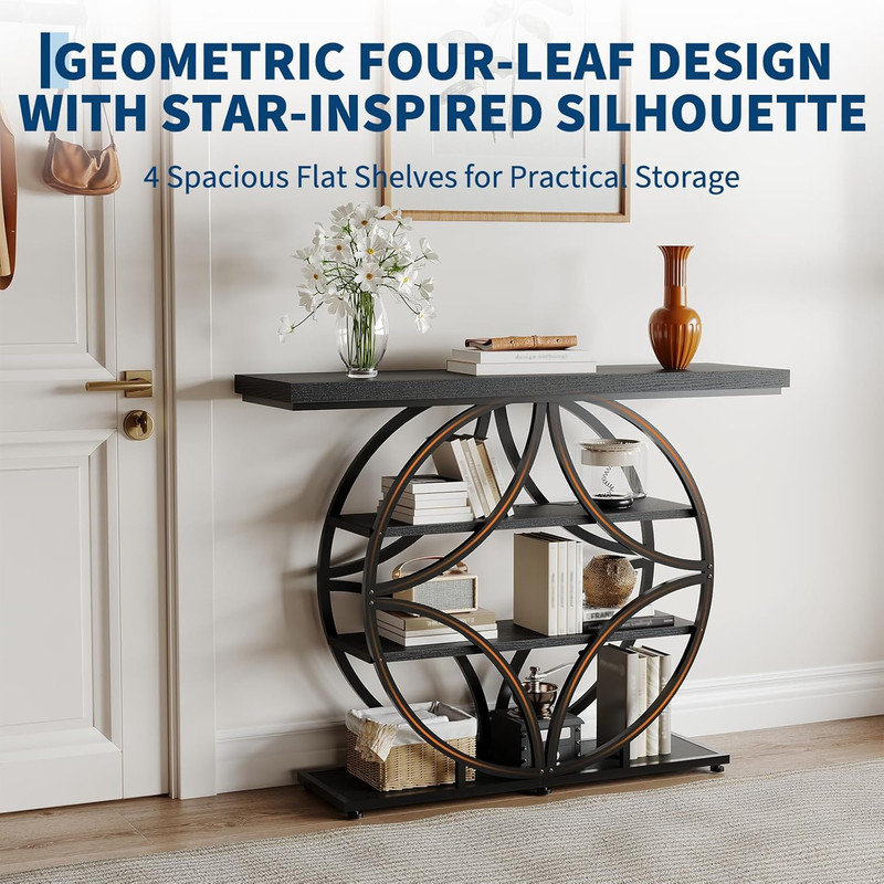 Table d'entrée 41,3 po, console moderne avec base circulaire, table d'appoint industrielle étroite, 4 tablettes pour le couloir